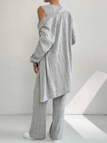 SHEIN Privé 3pcs Women Autumn Casual Ribbed Button Loose Cardigan, Square Neck Vest And High Waist Flare Leg Pants Set - Grey - View 2