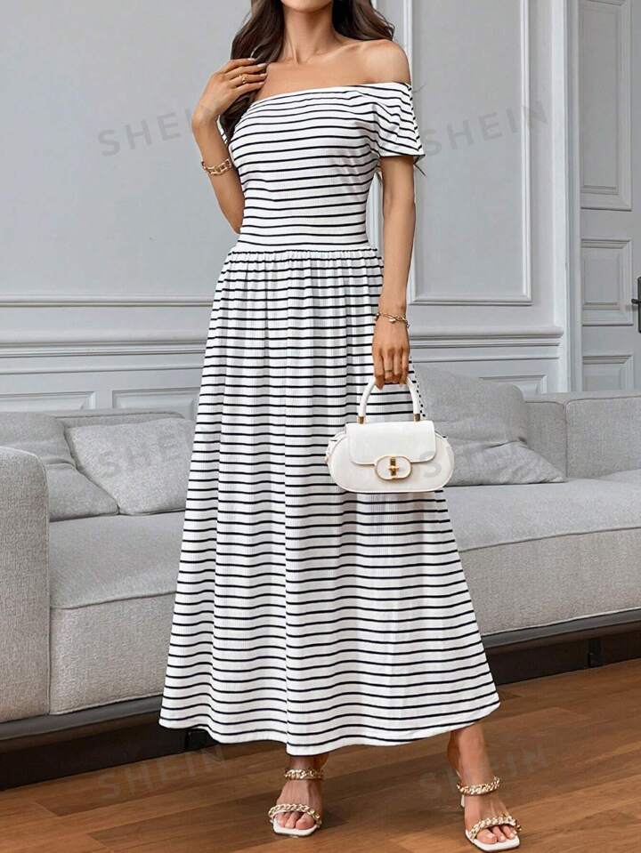 SHEIN Prive Women s Sexy Elegant Stripe Off Shoulder A Line Dress SHEIN USA