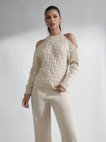 Elegant Cut Out Shoulder Detailed Cable Knit Asymmetrical Sweater & Plain Wide Leg Sweater Pants Co-Ords - Beige - View 5