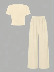 SHEIN LUNE 2 件女式 V 领短袖 T 恤上衣和抽绳休闲阔腿裤套装 - 杏色 - 查看 2