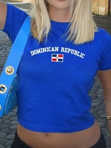 Flirla Women's Summer Y2K Dominican Flag Cropped T-Shirt Graphic Tees Women Tops