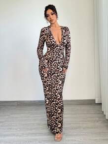 SHEIN SXY Outfit für den Herbst Kleider mit langen Ärmeln und tiefem V-Ausschnitt mit Leoprint für Damen - Verschiedenfarbig - Übersicht 3