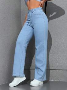 SHEIN Unity Nữ Nút Thắt Lưng Túi Chân Thẳng Thời Trang Thoải Mái Hợp Thời Trang Quần Jean Denim - Rửa nhẹ - Xem 4