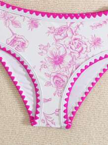 Tween Girl 花卉印花拼色边饰泳衣套装，夏季 - 粉色 - 查看 4