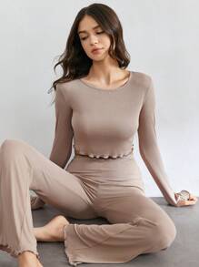 Ocili 女士纯色简约休闲长袖上衣和裤子家居服套装，适合假日、秋冬季节穿着 - 卡其色 - 查看 6