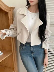 DAZY Solid Color Long Sleeve Front Button Casual Trench Coat,Fall Clothes Women Jacket - Apricot - View 3