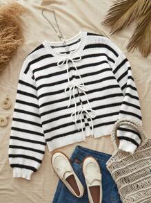 Travachic Áo len cardigan dài tay thắt nơ cổ tròn rộng rãi cho nữ, trang trí nơ, mùa thu cho nữ, áo dài tay - Đen và trắng - Xem 1