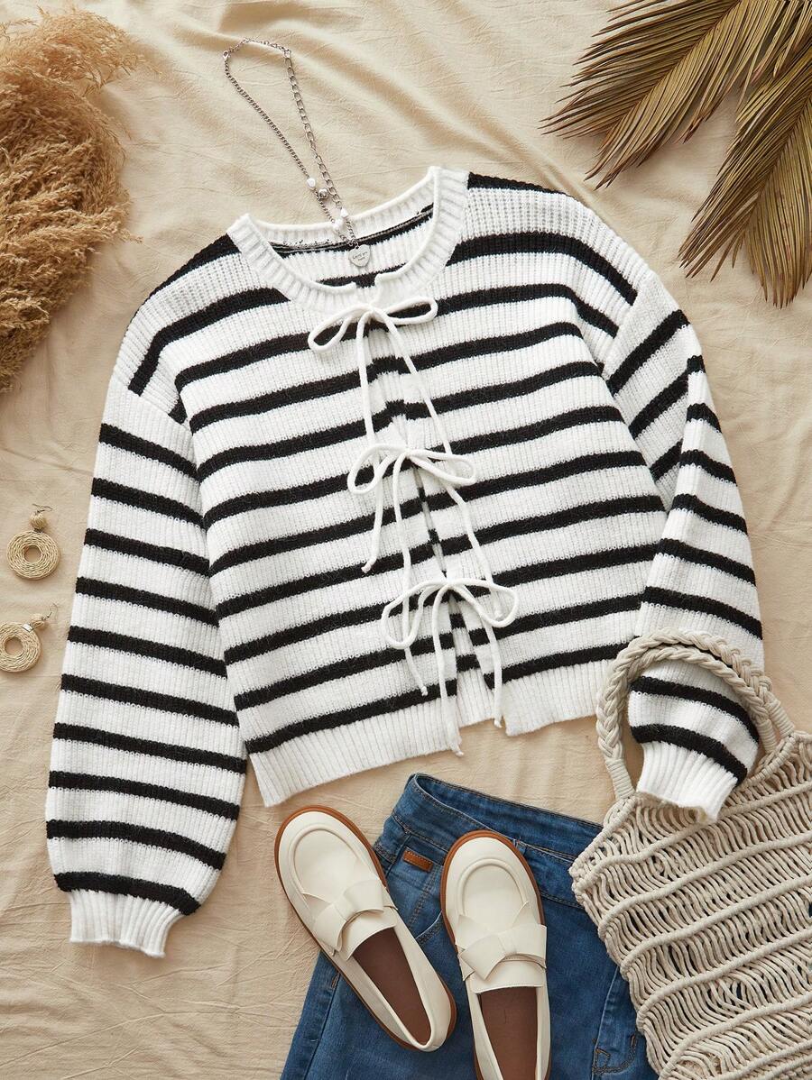 Travachic Áo len cardigan dài tay thắt nơ cổ tròn rộng rãi cho nữ, trang trí nơ, mùa thu cho nữ, áo dài tay - Đen và trắng - Xem 1