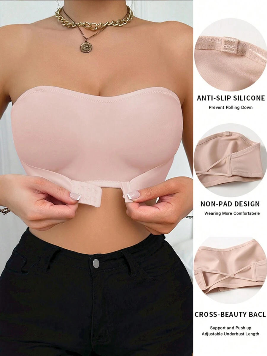 SHEIN 女士纯色抹胸前扣式胸罩 - 粉色 - 查看 1