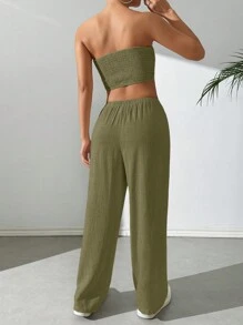 SHEIN EZwear Women's Summer Casual Solid Color Cropped Tube Top Trousers Suit