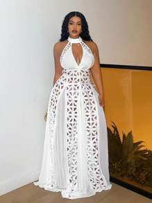 Slaydiva Plus Size White Lace Floral Lightweight Cocktail Party Dress - White - View 4