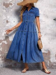 SHEIN LUNE Váy denim ngắn tay đơn giản màu trơn cho nữ - Rửa tối - Xem 3