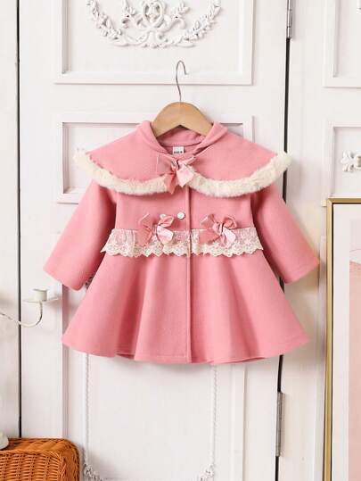 SHEIN 2pcs Baby Girl Bow-Tie Decor Cape & Front Button Long Sleeve Tweed Jacket Elegant Outfit, Autumn Winter