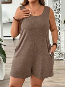 SHEIN LUNE Mono informal de talla grande para mujer con cuello redondo, bolsillos dobles y unicolor de verano