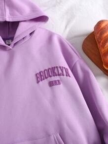 SHEIN Leap Crew 2 件套青少年女孩纯色连帽运动衫，背面有字母图案和口袋，加绒加厚短裤，休闲 - 紫色 - 查看 5