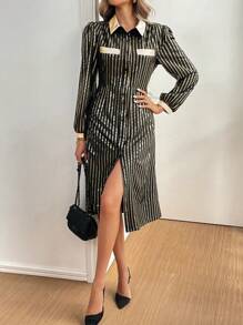 Chiquease Vestido de dama con cadena estampada en dorado y costura metálica - Negro - Ver 4