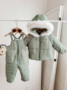 SHEIN 2pcs Baby Boy/Girl Warm Fleece Hooded Padded Coat + Overalls, Suitable For Autumn/Winter Outdoor, Skiing
