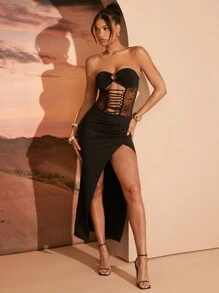 SHEIN Unity 系带紧身胸衣和蝴蝶结细节黑色露肩连衣裙 - 黑色 - 查看 3