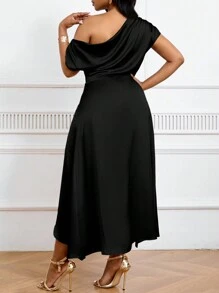 SHEIN Tall CURVE Plus Size Asymmetric Hem Satin Formal Dress With Waist Cinching, Elegant Evening Gown