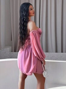 Zolique 缎面拼布性感露肩连衣裙 - 藕粉色 - 查看 3