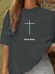 INAWLY 女士夏季口号印花圆领短袖休闲 T 恤图案 T 恤女式上衣 - 深灰色 - 查看 3