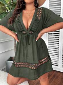 Swim Lushoire Plus Size Women Solid Color Hollow Deep V Tie Sleeve Cover Up Summer - Green - View 7