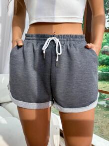 SHEIN Unity Casual Drawstring Waist Rolled Hem Shorts - Dark Grey - View 6