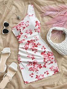 Soleia Vestido midi assimétrico de impressão floral azul e branco para férias femininas - Vermelho - Visão 1