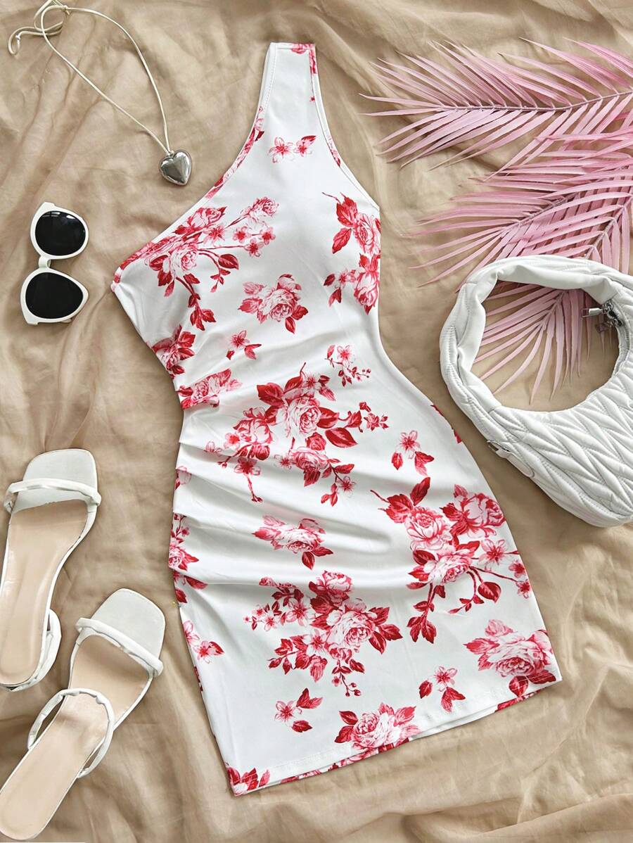 Soleia Vestido midi assimétrico de impressão floral azul e branco para férias femininas - Vermelho - Visão 1