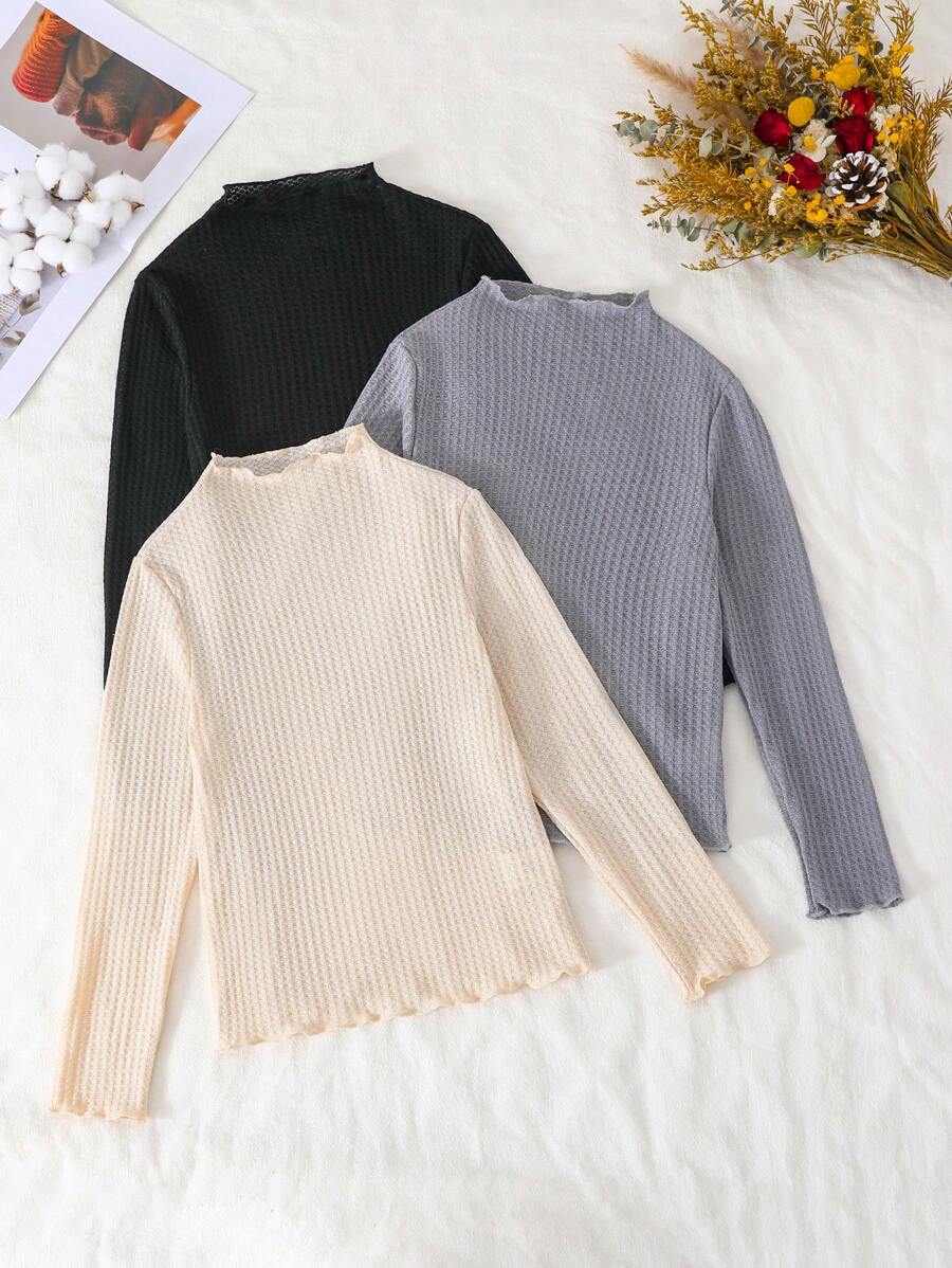 3pcs Tween Girls Winter Soft Knitted Textured Fabric Multi-Color Versatile Turtleneck Long Sleeve T-Shirt Set For Casual Wear - Multicolor - View 1