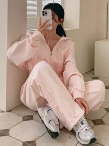 DAZY 女士纯色连帽衫和裤子两件套，粉色，秋冬季，女士秋季家居服套装 - 粉色 - 查看 7