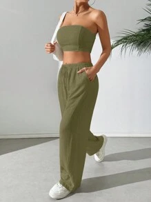 SHEIN EZwear Women's Summer Casual Solid Color Cropped Tube Top Trousers Suit