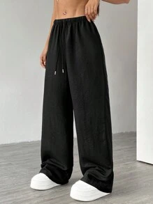 SHEIN Unity Women's Solid Color Simple Daily Textured Fabric Pants , Baggy Pants Fall Cloth For Women - Black - View 6