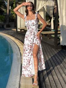 SHEIN VCAY Floral Print High Split Dress For Summer Vacation