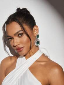 SHEIN SXY 1 Pair Glitzy Geometric Claw Chain Dangle Earrings For Daily Wear - Dark Green - View 3