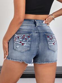 SHEIN EZwear Damen Große Größen Denim Shorts mit Stickerei Verzierung