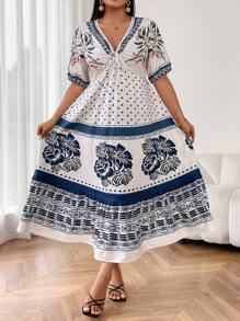 SHEIN Clasi Plus Size Women's Positioning Print Long Dress - Blue and White - View 5