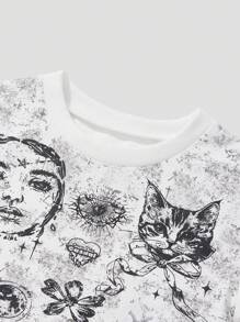 SHEIN YOUNG GIRL Y2K/BOLD//URBAN/STREET STYLE EARLY SPRING/SUMMER SEASON BUTTERFLY GRAFFITI ART WHITE T-SHIRT & CROSS PATTER PATCH WORK FIT RAW HEM DENIM SHORTS TWO PIECES SET - White - View 3