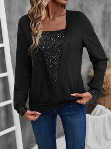 EMERY ROSE Women's Sparkly Printed Long Sleeve Crew Neck Sweatshirt, Spring And Autumn Fall Sweatshirts Fall Women Clothes - Black - View 7