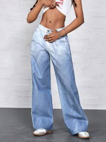 SHEIN ICON Women's Front Button Closure, Multi-Pocket, Ombre Washed Casual Denim Pants Low Rise Straight Leg Jeans