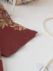 SHEIN LUNE Đầm tay ngắn in hoa cổ tròn cỡ lớn thanh lịch và duyên dáng - Màu Đỏ Sâu - Xem 4