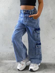 SHEIN 年轻女孩新款休闲时尚工装牛仔裤，喇叭直筒裤 - 中等水洗藍 - 查看 8