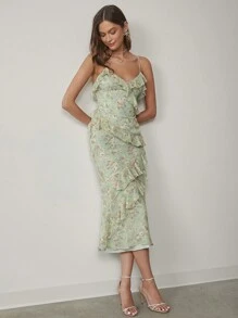 Enchnt Women Floral Print Ruffle Trim Spaghetti Strap Dress,Sweet&Elegant Outfit For Valentine's Day&Christmas Party&New Years&Birthday&Holiday &Sweet Date Night,Sage Green Dress