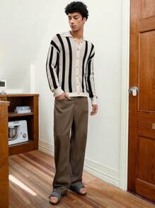 Mainfolk Men's Casual Loose Knitted Long Sleeve Cardigan Sweater, For Fall Winter - Black and White - View 4