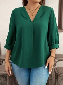 SHEIN LUNE 冬季大码 3/4 袖有领休闲办公室衬衫 - 綠色 - 查看 5