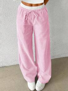SHEIN Girlism Tween Girl Contrast Waist Simple Loose Casual Wide-Leg Trousers - Coral Pink - View 5