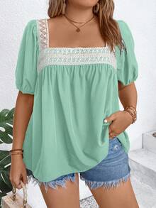 Breezaya 大码假日休闲撞色蕾丝拼接泡泡袖衬衫