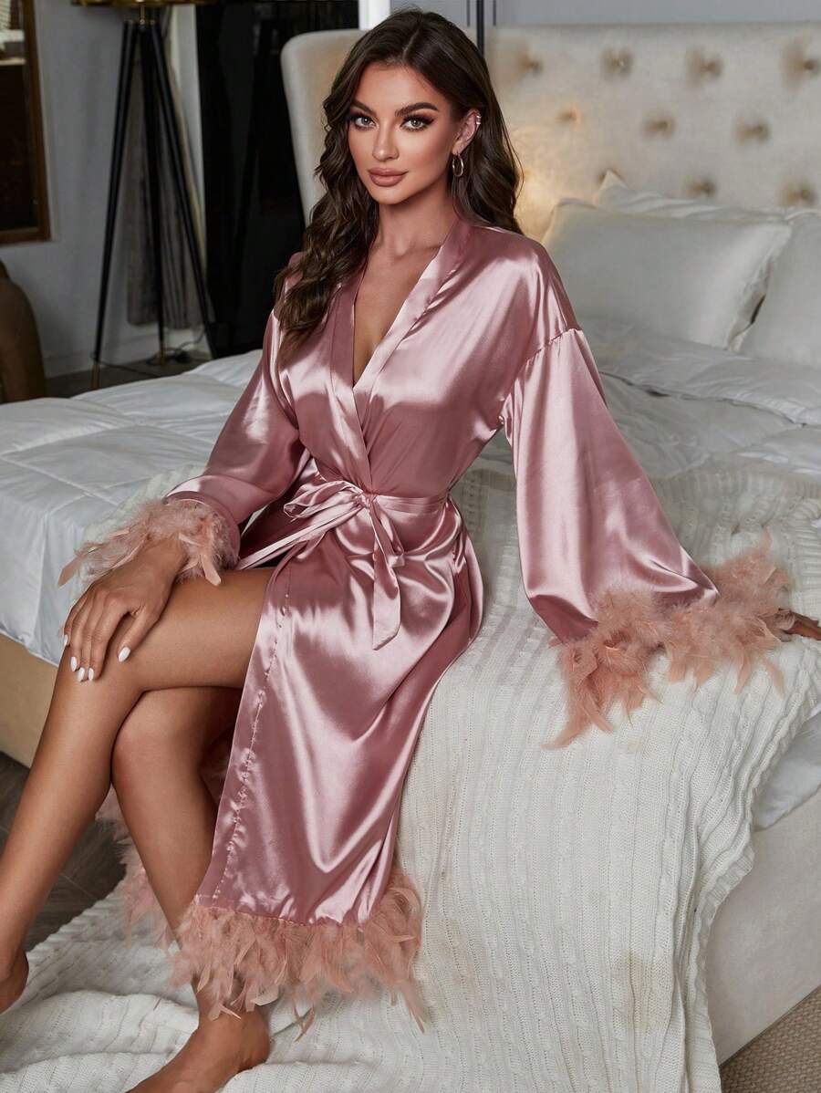 Fuzzy Trim Belted Satin Robe Luxeloungewear - Dusty Pink - View 1