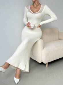 Chiquease Damen Rundhals Langarm einfarbig schlichtes passendes elegantes Strickkleid - Beige - Übersicht 6
