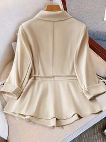 SHEIN Unity Plus Size Women's Spring And Autumn Solid Color Three-Quarter Sleeves Lotus Leaf Hem Suit Jacket - Apricot - View 2